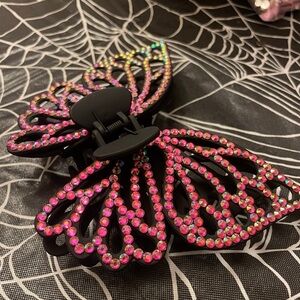 Large butterfly Hair Clip Black w/ Pink Aurora stones
